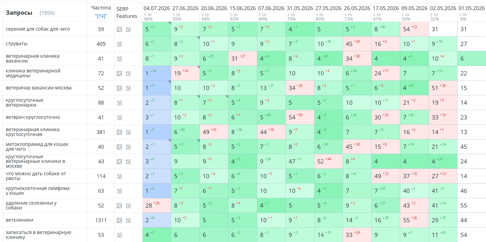 Кейс SEO-продвижения ветеринарии: Топ-10: 96% · 1 856 запросов за 3 месяца