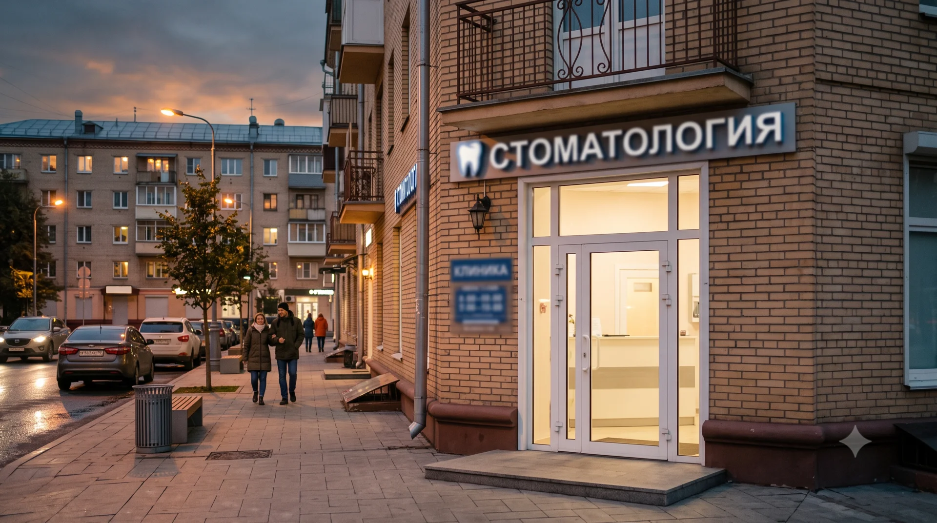 Вход в стоматологическую клинику на городской улице